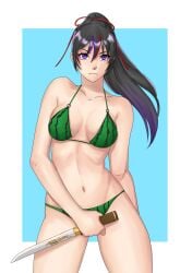 1girls alluring bikini black_and_red_and_purple_hair hi_res kitsune_marks kunimitsu_ii light_blue_background looking_at_viewer namco ponytail purple_eyes simple_background tekken tekken_7 tokyotakuan_17 watermelon_bikini weapon