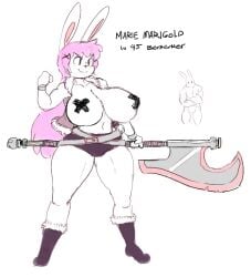 angstrom anthro armband axe belt big_breasts boots bottomwear breasts clothing english_text female footwear hair holding_axe holding_object holding_weapon hyper hyper_breasts lagomorph leporid long_hair mammal marie_(angstrom) melee_weapon nipple_tape pasties pink_hair rabbit smile solo tape text topwear vest weapon white_body