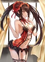 arched_back bare_shoulders black_hair black_panties bow_panties breasts cleavage curtain_grab date_a_live eyebrows_visible_through_hair eyelashes_visible_through_hair female female_only finger_to_mouth frills garter_belt garter_straps hair_between_eyes indoors lolita_hairband long_hair looking_away panties red_eye ribbon_panties thighhighs tokisaki_kurumi tongue tongue_out twintails