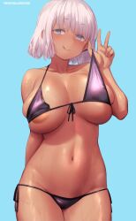 :q areola_slip areolae bangs bikini blue_background blue_eyes blunt_bangs breasts collarbone commentary_request dark-skinned_female dark_skin eyebrows_visible_through_hair female female large_breasts mochi_(mochi444420) navel original pink_hair purple_bikini short_hair side-tie_bikini simple_background solo swimsuit tongue tongue_out twitter_username v wet