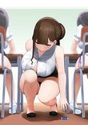 3girls big_breasts blush breasts brown_hair chair chalkboard classroom closed_eyes desk eraser female mature_female miniskirt mivioppai original panties school_chair school_desk school_uniform schoolgirl side-tie_panties sitting skirt skirt_too_short skirt_tug sukusan teacher thick_thighs thighs tight_clothing wardrobe_malfunction