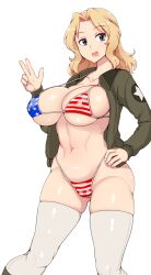 1girls abubu american_flag_bikini big_breasts bikini blonde_hair breasts busty cameltoe child_bearing_hips cleavage female female_only flag_print girls_und_panzer green_eyes hand_on_hip hips jacket kay_(girls_und_panzer) large_breasts medium_hair navel open_clothes open_jacket open_mouth pose smile solo swimsuit thick_thighs thighhighs thighs thong_bikini toned v voluptuous wide_hips