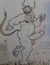 anthro body_hair bovid building chest_hair crush demon duo erection feet felid genitals hex hex6 house human hybrid macro magic male male_only mammal musclegut muscular pantherine pen_(artwork) penis stomping thick_thighs tiger traditional_media_(artwork) trampling