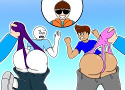 2boys angry blue_pants blue_shirt embarrassed femboy grey_pants lt03official pants_down pink_panties purple_panties striped_panties suprised wedgie white_skin