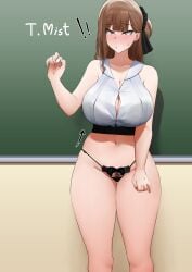 1girls big_breasts black_thong blush breasts brown_hair chalkboard classroom female hair_ribbon mature_female miniskirt mivioppai no_pants original panties pubic_hair skirt skirt_slip_up skirt_too_short sukusan surprised teacher thick_thighs thighs thong tight_clothing wardrobe_malfunction