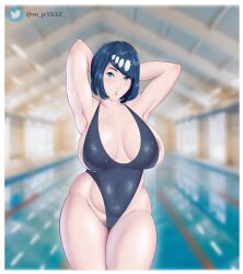 big_breasts blue_eyes blue_hair female female_only lana's_mother_(pokemon) m_jr_art milf mob_face pokemon pokemon_sm solo_female swimsuit voluptuous