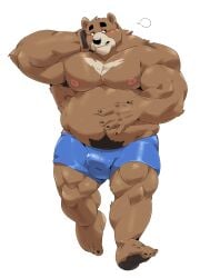 2022 absurd_res anthro belly black_nose blush brown_body bulge clothing hi_res humanoid_hands jumperbear kemono male mammal moobs musclegut nipples overweight overweight_male simple_background solo underwear ursid white_background