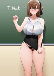 1girls big_breasts blush breasts brown_hair chalkboard classroom female hair_ribbon mature_female microskirt miniskirt mivioppai original panties pubic_hair pubic_hair_peek skirt skirt_slip_up skirt_too_short skirt_tug sukusan teacher thick_thighs thighs thong tight_clothing wardrobe_malfunction