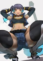 1girls arms_behind_head dark-skinned_female dark_skin female looking_at_viewer multicolored_hair nuezou open_mouth sena_(xenoblade) short_shorts solo sports_bra squatting streaked_hair sweat tan-skinned_female tan_skin thick_thighs thighhighs thighs tomboy xenoblade_(series) xenoblade_chronicles_3