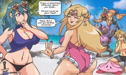 2girls 3boys a_link_between_worlds archdan ass beach breath_of_the_wild byleth_(fire_emblem)_(female) captain_falcon comic f-zero fire_emblem fire_emblem:_three_houses kirby kirby_(series) link link_(breath_of_the_wild) nintendo princess_zelda stabbed super_smash_bros. swimsuit the_legend_of_zelda zelda_(a_link_between_worlds)