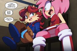 amy_rose archie_comics blush bodily_fluids chipmunk clothing clothing_pull dress duo euf-dreamer eulipotyphlan female gasp genital_fluids genitals ground_squirrel hedgehog hi_res lawyer_sally_acorn mammal office_lady open_mouth panties panty_pull pantyshot pantyshot_(sitting) pussy pussy_juice pussy_juice_string rodent sally_acorn sally_mcacorn sciurid sega shocked sonic_(series) sonic_the_hedgehog_(archie) sonic_the_hedgehog_(comics) spread_legs underwear underwear_pull undressing upskirt wet_pussy wide_eyed