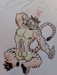 alcohol anthro beer beverage bodily_fluids colored_pencil_(artwork) cum demon drugs evil_grin felid genital_fluids genitals hex hex6 hi_res hybrid male mammal marijuana nude pantherine paws penile_spines penis pentagram portrait smile smirk solo tiger traditional_media_(artwork)