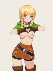 1girls bangs belt black_belt blonde_hair blue_eyes braid breasts brown_legwear brown_thighhighs carlo_montie choker clothing cowboy_shot eyebrows_visible_through_hair female female_focus female_only gloves green_choker grey_background handwear heart heart_hands highres humanoid hylian hyrule_warriors legwear linkle long_hair looking_at_viewer medium_breasts neckwear nipples outerwear pale_skin pointy_ears simple_background skirt smile solo the_legend_of_zelda thighhighs twin_braids