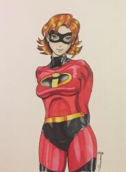 1girls 2022 artist_request blue_eyes cosplay costume disney elastigirl_(cosplay) eye_mask female female_only ironsiderodger nora_valkyrie orange_hair pixar rwby smooth_skin solo superheroine the_incredibles