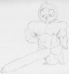 2_toes anthro avian balls big_penis bird eyebrows feet fingers genitals harvey_beaks harvey_beaks_(character) harvey_beaks_(series) huge_cock hyper hyper_genitalia hyper_penis looking_down male monochrome muscular muscular_anthro muscular_male navel non-mammal_balls open_mouth penis sbshouseofpancakes smile toes traditional_media_(artwork) tuft