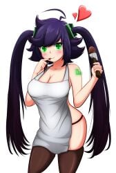 1girls alternate_version_available apron blush breasts chocolate female female_only glowing_eyes green_eyes heart ic0n internecion_cube medium_breasts naked_apron nipples no_bra nude panties png purple_hair transparent_background