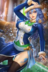 blue_eyes blue_hair fairy_tail juvia_lockser large_breasts neoartcore nudtawut_thongmai tattoo thighhighs thighs tight_clothing uncensored