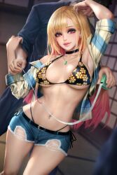 bikini_top blonde_hair denim_shorts gyaru kitagawa_marin large_breasts looking_at_viewer measuring measuring_tape navel_piercing neoartcore nudtawut_thongmai open_shirt red_eyes sono_bisque_doll_wa_koi_wo_suru string_panties torn_pants