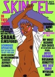 1girls 80's_theme bottomless dark-skinned_female dark_areolae dark_nipples dark_skin earrings english_text eyelashes eyeshadow fake_cover fake_magazine_cover female female_only jem_and_the_holograms medium_breasts naked_shirt october open_clothes pinup pubic_hair purple_hair shana_elmsford skincel small_breasts solo toonytease