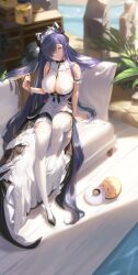 arm_garter august_von_parseval_(azur_lane) azur_lane bangs bird blue_eyes blurry_background breasts closed_mouth couch cup depth_of_field dress female frilled_dress frills full_body halter_dress halterneck headpiece holding holding_knife knee_up knife large_breasts long_hair looking_at_viewer official_alternate_costume on_couch one_eye_covered outdoors plant pool poolside purple_hair sansan_(dongfangzhong111) shoes single_shoe sitting solo sunlight thighhighs very_long_hair white_legwear