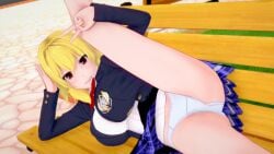 1girls akari_hanao blonde_hair female leg_up moe_ninja_girls panties school_uniform smile