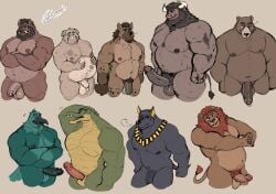 2022 anthro avian balls belly bovid bovine brown_body canid canine canis cattle crocodile crocodilian crocodylid domestic_dog domestic_pig erection felid flaccid genitals green_body group hi_res humanoid_genitalia humanoid_hands humanoid_penis hyaenid lion male male/male male_only mammal moobs musclegut nipples one_eye_closed overweight overweight_male pantherine penis pure_command reptile scalie suid suina sus_(pig) ursid wild_boar wink