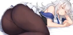 2girls ahoge ass bangs bare_shoulders big_ass black_legwear blue_necktie blue_neckwear closed_eyes cowboy_shot huge_ass kantai_collection long_hair lying minigirl multiple_girls necktie off_shoulder on_side pantyhose parted_lips pleated_skirt shirt silver_hair skirt skirt_tug sleeping sleeveless sleeveless_shirt south_dakota_(kantai_collection) swept_bangs utopia washington_(kantai_collection) white_background white_shirt white_skirt