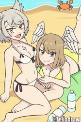 2girls :3 barefoot beach bikini blue_eyes breast_tattoo brown_hair cat_ears crab cute eunie_(xenoblade) eyebrows_visible_through_hair feet female_only first_porn_of_character grey_hair head_wings high_entia light-skinned_female looking_at_viewer mio_(xenoblade) outdoors sand smile swimsuit tattoo_on_breast teliodraw tied_bikini toes xenoblade_(series) xenoblade_chronicles_3 yellow_eyes