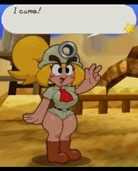 1girls ass belt belt_buckle big_ass big_breasts blonde_hair boots breasts bubble_butt clothed clothing curvy cute_fang detailed_background english_text explorer eyebrows full_body fully_clothed goombella green_shorts helmet hourglass_figure large_breasts mario_(series) meme mining_helmet open_mouth outfit paper_mario pixel_art ponytail rosy_cheeks screencap shorts shortstack somescrub speech_bubble standing tan tan-skinned_female tan_skin text thick_thighs tight_clothing wide_hips