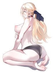 ayakumo barefoot black_panties black_ribbon blonde_hair blue_eyes breasts feet female french_flag hair_between_eyes hair_ribbon kantai_collection large_breasts long_hair mole mole_under_eye mole_under_mouth nipples panties ribbon richelieu_(kantai_collection) seiza sideboob sitting soles toes topless underwear