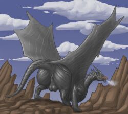 2022 absurd_res aetherxov anus ass ass_up backsack balls big_anus big_butt black_anus black_balls black_body black_butt black_scales black_tail black_wings blue_eyes breath capcom claws cloud detailed_background digital_media_(artwork) digitigrade dragon elder_dragon feet feral genitals hi_res horn huge_butt jagged_mouth kushala_daora long_neck male membrane_(anatomy) membranous_wings monster_hunter monster_hunter_2 nature nature_background nude orange_nose outside puffy_anus quadruped rear_view rock rocky_terrain scaled_balls scales snout solo standing tapering_tail thick_thighs toes video_games volcano_(map) wings