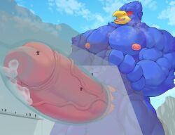 anthro avian balls big_penis bird blue_body bodily_fluids erection facility falco_lombardi genital_fluids genitals hi_res internal lerchief2007 macro male male_only muscular muscular_male nintendo penetration penile penis penis_milking precum solo star_fox tunnel video_games worship