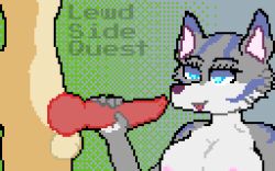 animal_genitalia animal_penis anthro big_breasts breasts canid canine canine_penis canis digital_media_(artwork) eaton female genitals handjob knot lena_(lewdsidequest) lewdsidequest male male/female mammal penile penis pixel_art sex smile wolf