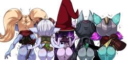 5girls ass blonde_hair female female_only first_porn_of_character furry_ears kyoffie league_of_legends legends_of_runeterra lineup lulu_the_fae_sorceress panties pink_hair poppy pulling_panties purple_hair riot_games shortstack side_by_side side_by_side_position thick_ass tristana twintails vex_(league_of_legends) wedgie white_hair witch_hat yordle yordle_squire