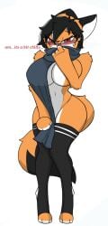 anthro big_breasts blush breasts canid canine clothing fan_character female fox hi_res legwear mammal maxine_boulevard nude pace-maker scarf shy solo thick_thighs thigh_highs