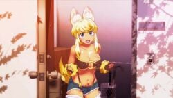 3d animal_ear_fluff animal_ears animated asd blonde_female blonde_hair dark-skinned_female dark_skin denim denim_shorts door female female_only liru looking_at_viewer navel renkin_san-kyuu_magical_pokaan solo wolf_ears wolf_girl wolf_girl_with_you wolf_tail