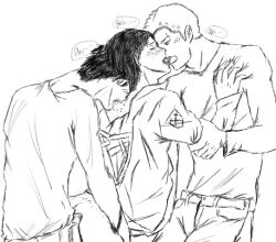 3boys anal_sex artist_request attack_on_titan berthold_huber bertolt_hoover biting_shoulder clothed_sex freckles from_behind gay gay_sex kissing male_only male_penetrating_male marco_bodt reiner_braun shingeki_no_kyojin standing_sex tagme threesome