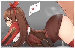 1boy 1girls amber_(genshin_impact) ambiguous_penetration ass big_ass brown_hair clothed_female_nude_male cum cum_inside female genshin_impact hair_ribbon leaking_cum long_hair minishorts penetration sex shorts shrimpp11 shrimpplewds thick_thighs thighs