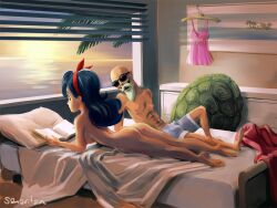 1boy 1girls bed detailed_background dragon_ball female good_launch launch male master_roshi naked nude nude_female topless topless_male