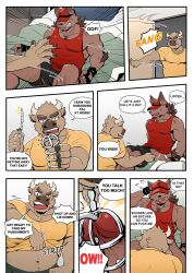 anthro boss_(gym_pals) bovid bovine canid canine canis cattle clothing comic duo genitals gym_pals h155296 hat headgear headwear hi_res humanoid_genitalia humanoid_penis male male/male mammal manager_(gym_pals) penis urethral wolf