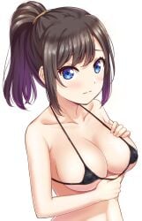 areola_slip areolae bangs bikini black_bikini blue_eyes blush breasts brown_hair collarbone covered_nipples eyebrows_visible_through_hair female female frown gradient_hair halterneck hand_on_breast hands_up high_ponytail highres looking_at_viewer medium_breasts mibushiro micro_bikini multicolored_hair original parted_bangs ponytail purple_hair sidelocks simple_background solo string_bikini swimsuit underboob upper_body