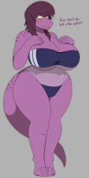 big_butt blushed deltarune dinosaur embarrassed fangs gris_swimsuit johnmarten long_tail looking_down massive_breasts massive_thighs purple_hair purple_scales revealing_clothes sole_female spots susie_(deltarune) swimsuit thin_waist yellow_eyes