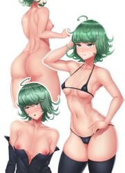 1girls areolae ass bikini blush breasts eye_contact female green_eyes green_hair iosiflist looking_at_viewer micro_bikini nipples one-punch_man short_hair small_breasts smaller_female solo tatsumaki thick_thighs thighhighs thighs