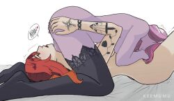 2girls 69 artist_name bed blush cunnilingus dusk_(fortnite) fortnite hand_on_ass keemumu lesbian light-skinned_female looking_pleasured moaning motion_lines multiple_girls nude_female oral_sex pepper_thorne_(fortnite) pink_hair red_hair simple_background tattoo thighhighs trembling violet_skin yuri