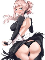 1girls ass back back_view backless_outfit bare_back bare_thighs black_panties blue_eyes blush breasts embarrassed felicia_(fire_emblem) female female_only fire_emblem fire_emblem_fates humiliation inner_thighs large_ass lifted_by_another long_hair looking_back maid medium_breasts nintendo panties ponytail skirt_lift solo thighhighs thighs toshimasa