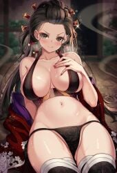 big_breasts black_hair black_panties blush breath cenangam cleavage daki_(kimetsu_no_yaiba) demon_slayer eyeshadow female female_only hair_ornament hand_on_breast hand_on_chest hourglass_figure huge_breasts kimetsu_no_yaiba lingerie long_hair looking_at_viewer nail_polish obi oiran open_kimono panties reclining red_nails shiny_skin sideboob solo sweat thighhighs visible_breath wide_hips