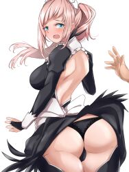 1girls ass back back_view backless_outfit bare_back bare_thighs black_panties blue_eyes blush breasts embarrassed felicia_(fire_emblem) female female_focus fire_emblem fire_emblem_fates humiliation inner_thighs large_ass lifted_by_another long_hair looking_back maid medium_breasts nintendo panties ponytail skirt_lift solo_focus thighhighs thighs toshimasa