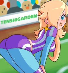 1girls :d :o ass bimbo blonde_hair clothed clothing dat_ass female female_focus female_only hair_over_one_eye mario_(series) mario_strikers nintendo nipples_visible_through_clothing platinum_blonde_hair princess_rosalina sideboob solo sweat tagme tenshigarden toad_(mario)