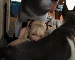 1girls 2animals 2boys 3d 3dogs ass blonde_hair blowjob blue_eyes boots canine canine_penis dead_or_alive dead_or_alive_5 doggy_style fellatio female knot male marie_rose oral penetration projectbeast sex thigh_boots twintails vaginal_penetration zoophilia