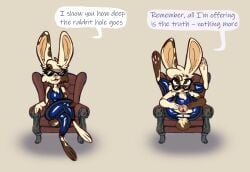 2022 anthro anthro_only anus chair clothing dascarl dialogue english_text eyewear female furniture genitals glasses hi_res lagomorph latex leporid looking_up mammal presenting presenting_pussy pussy rabbit simple_background sitting smile solo text the_matrix torn_clothing